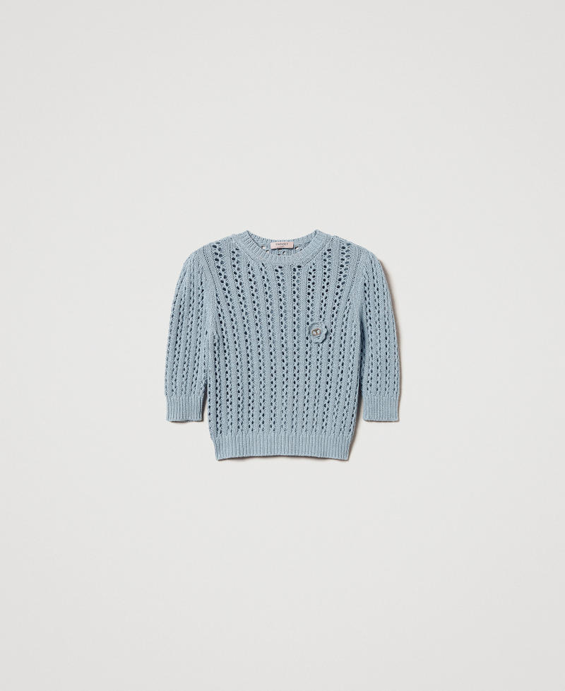 Jumper with crochet brooch Dusty Blue Woman 251TP3361_00485_0S