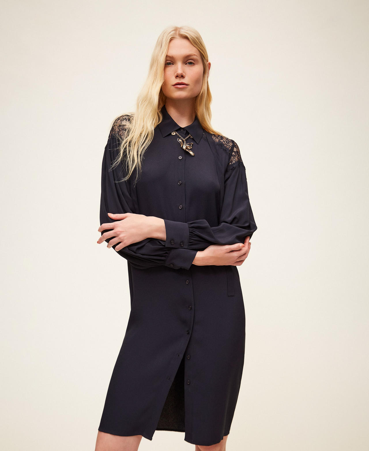 Midi georgette and lace dress Woman, Blue | TWINSET Milano