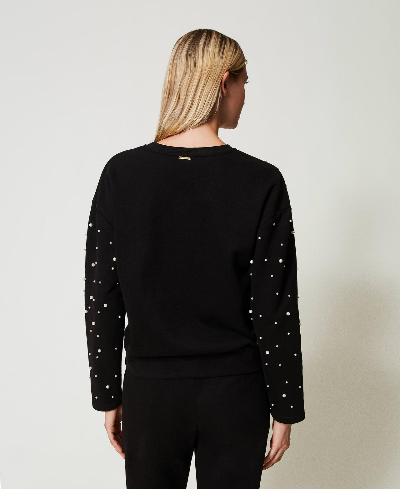 Crew neck sweatshirt with pearls Black Woman 242LL2NCC_00006_03