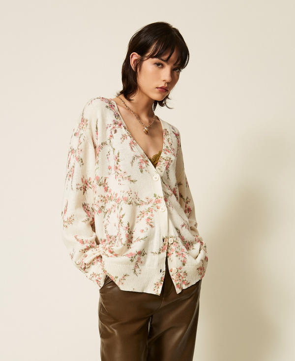Wool blend knitted maxi cardigan with floral pattern