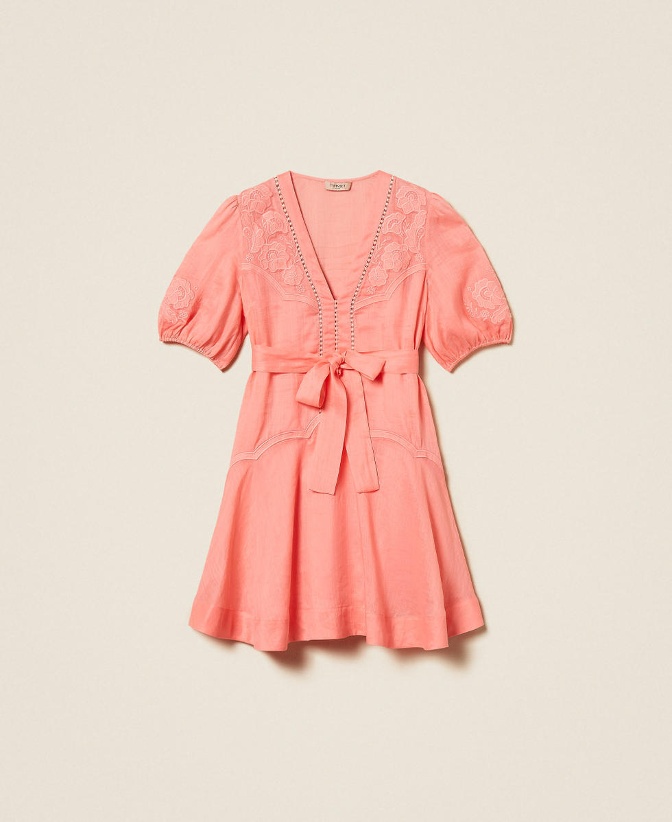 Short ramie dress with embroidery Salmon Rose Woman 261TT2290_13448_S0