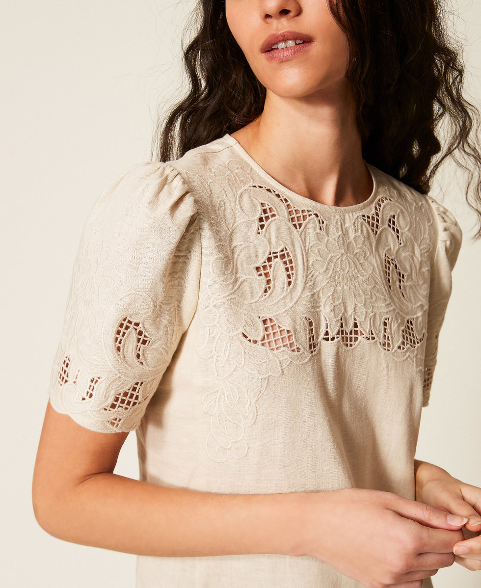Short linen blend dress with embroidery Mother Of Pearl Woman 261TP2310_00059_04