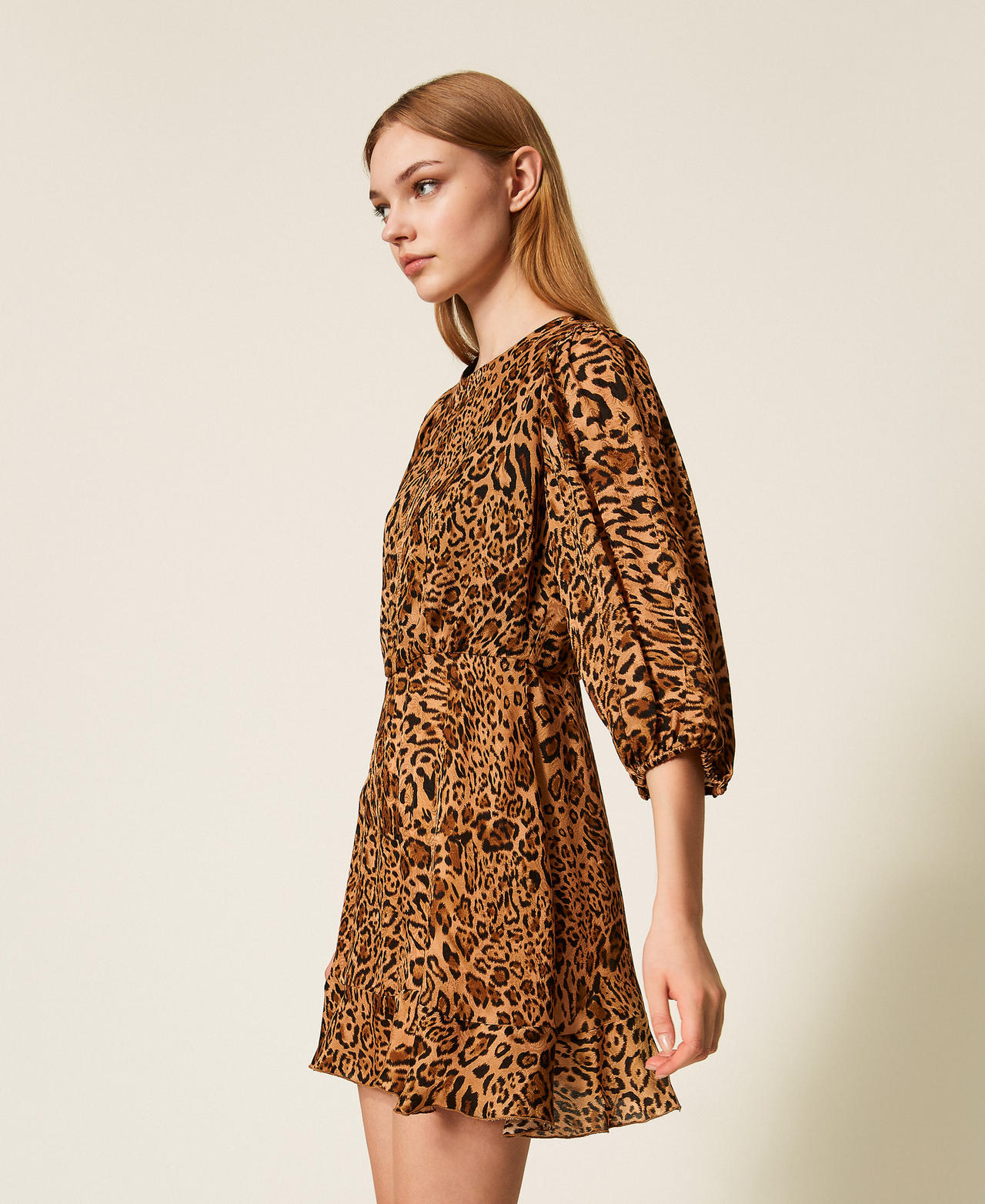 Short jacquard animal print dress Coffee/Land Brown Animal Print Woman 252TP2472_12737_02