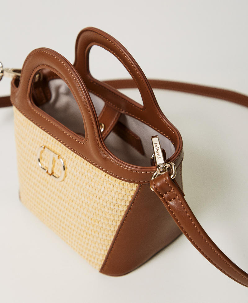 Faux straw shoulder bag with Oval T Two-tone "Straw" Beige / "Leather" Brown Girl 251GJ8012_11617_04