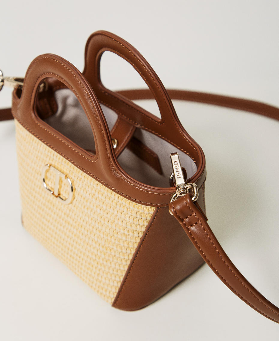 Faux straw shoulder bag with Oval T Two-tone "Straw" Beige / "Leather" Brown Girl 251GJ8012_11617_04
