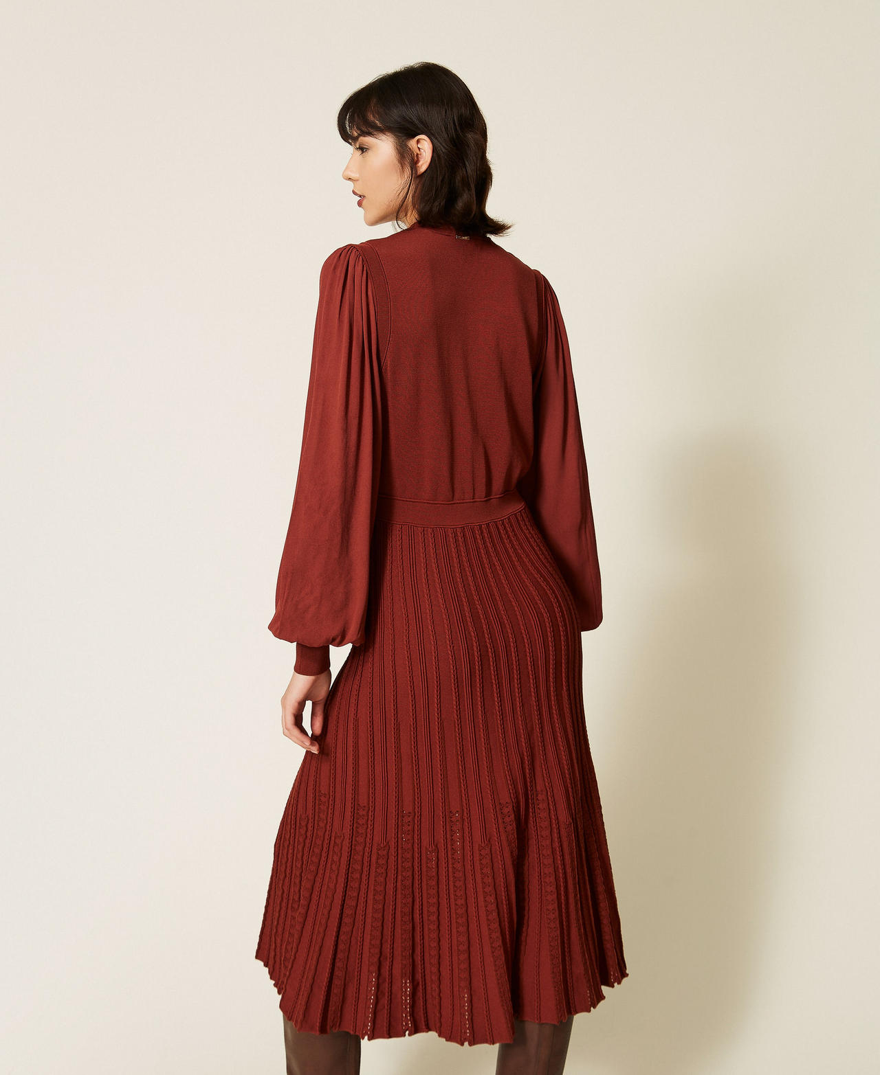 Robe longue trompe-l&rsquo;&oelig;il en maille Marron "Cherry Wood" Femme 262TP3082_06501_03