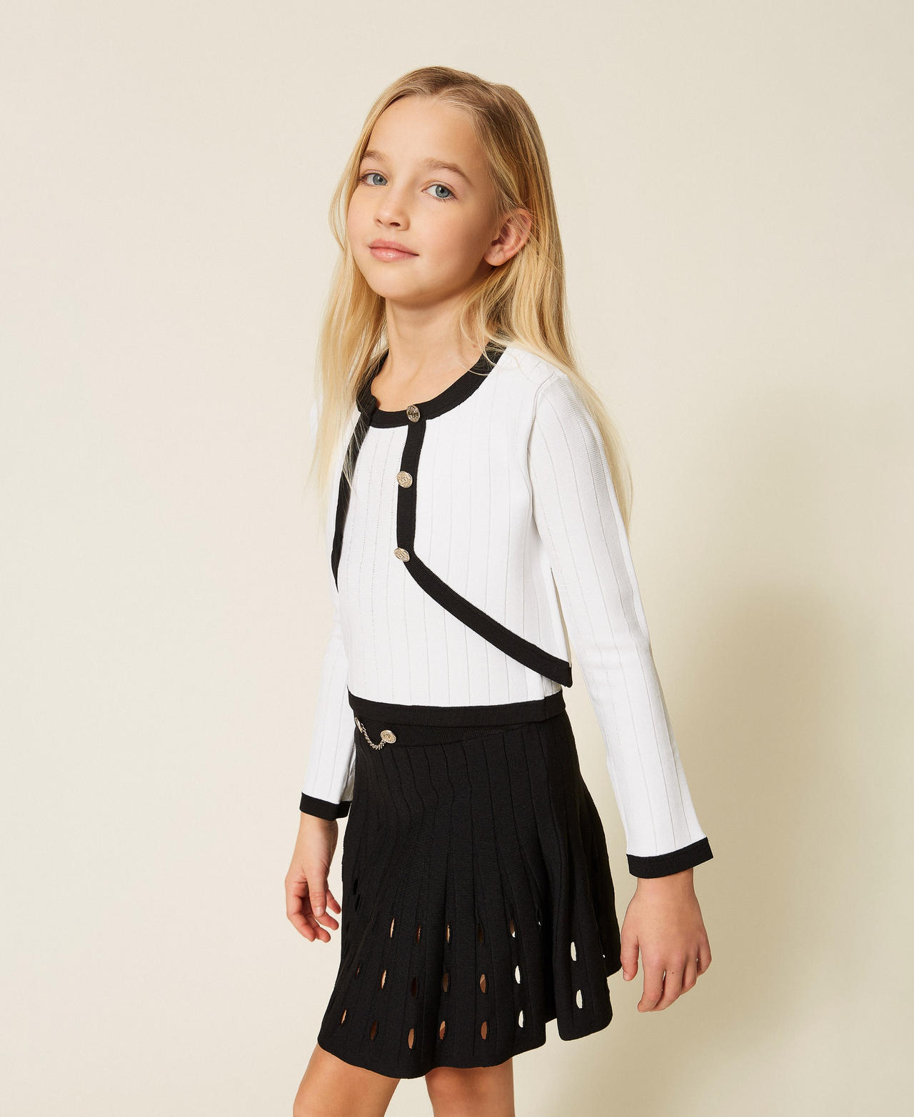 Knit cardigan and top with buttons Two tone Off White/Black Girl 261GJ3Q25_13203_02