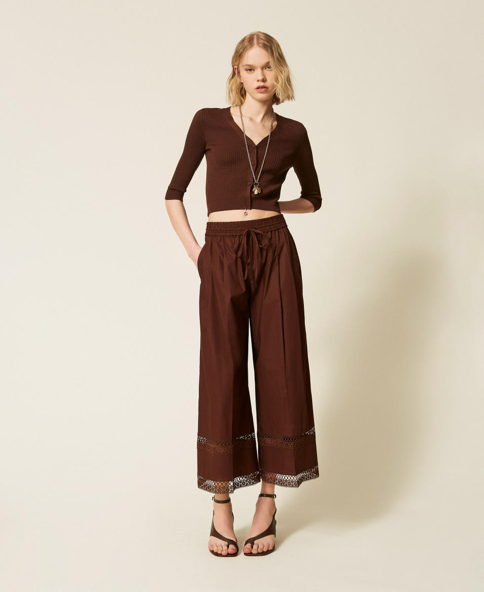 Wide poplin trousers with embroidery