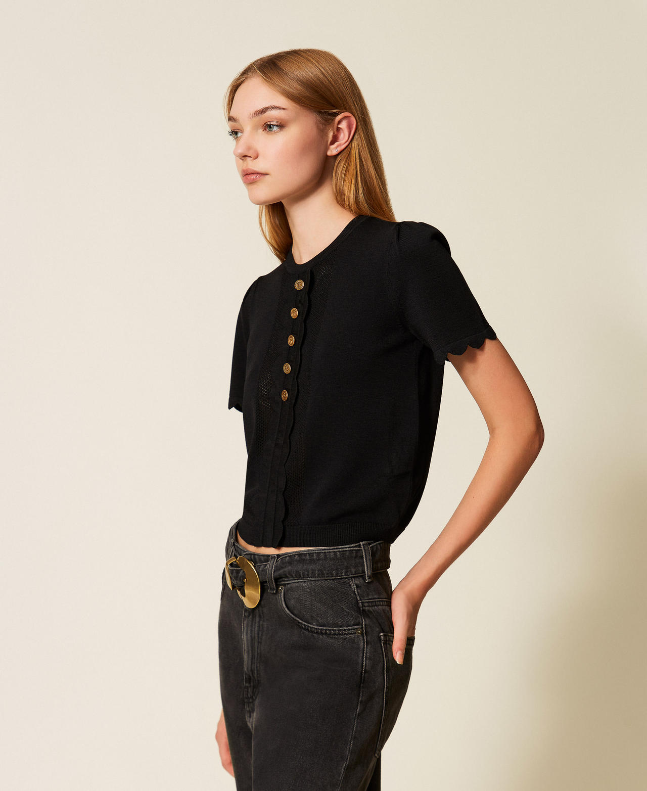 Scalloped sweater with Oval T buttons Black Woman 252TP3203_00006_02