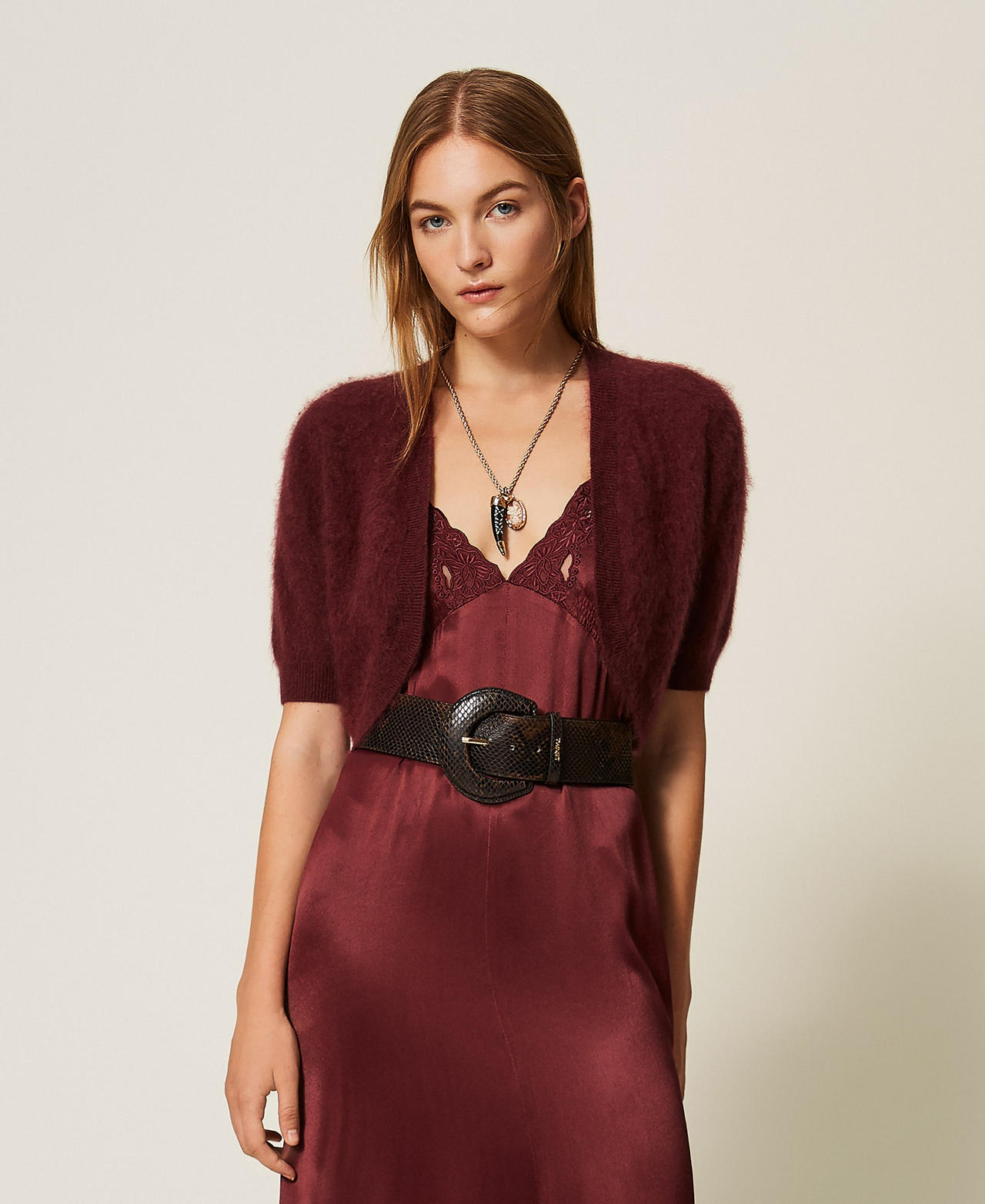 Bolerojacke aus geb&uuml;rsteter Wollmischung Bordeaux Frau 262TT3022_00020_01
