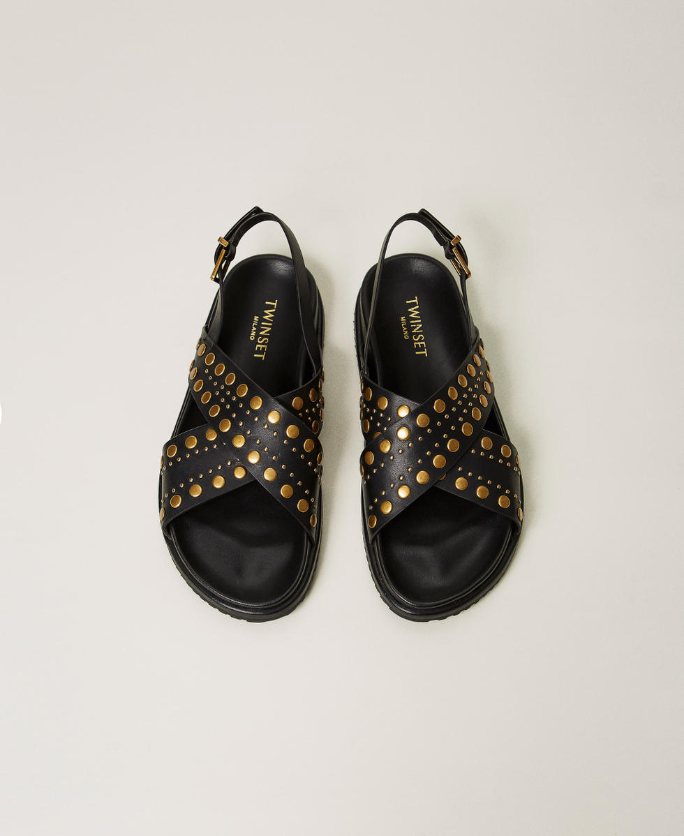 新品 VICINI STRAP SANDAL レザー 黒 ゴールド 23cm 箱 Nidara Studs Embellished Genuine Leather Sandals