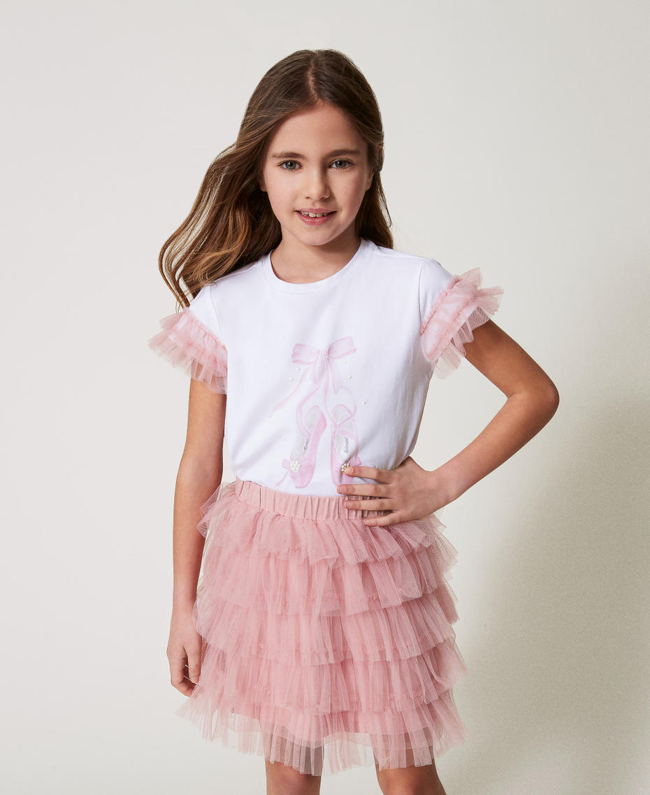 T-shirt with print and tulle skirt Two-tone Ice/Sweet Rose Girl 251GJ2QS2_12257_01