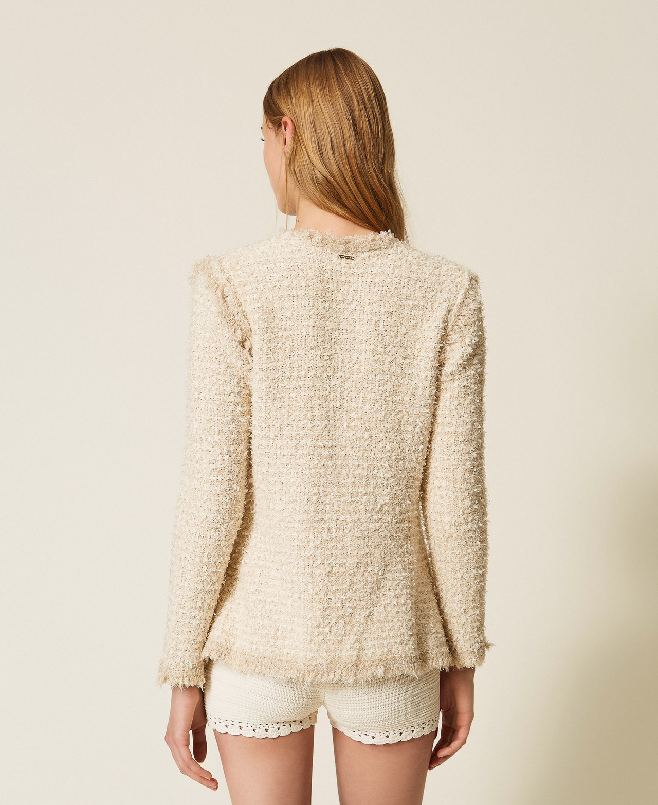 Jacquard knit jacket with lurex Parchment Beige Jacquard Woman 261TP3340_13387_03