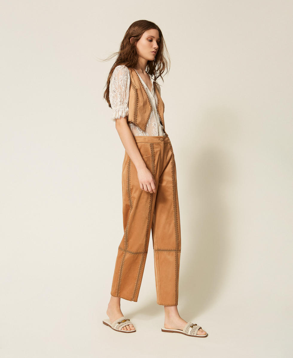 Suede trousers with embroidery "Hazelnut" Brown Woman 261LB2MBB_10282_02