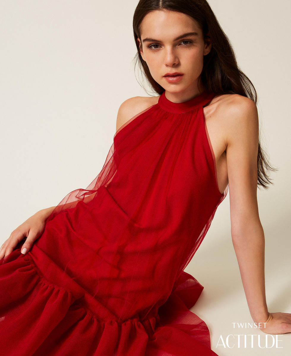 Kurzes Kleid aus T&uuml;ll mit R&uuml;sche Kirsch Rot Frau 252AT2091_00034_PA