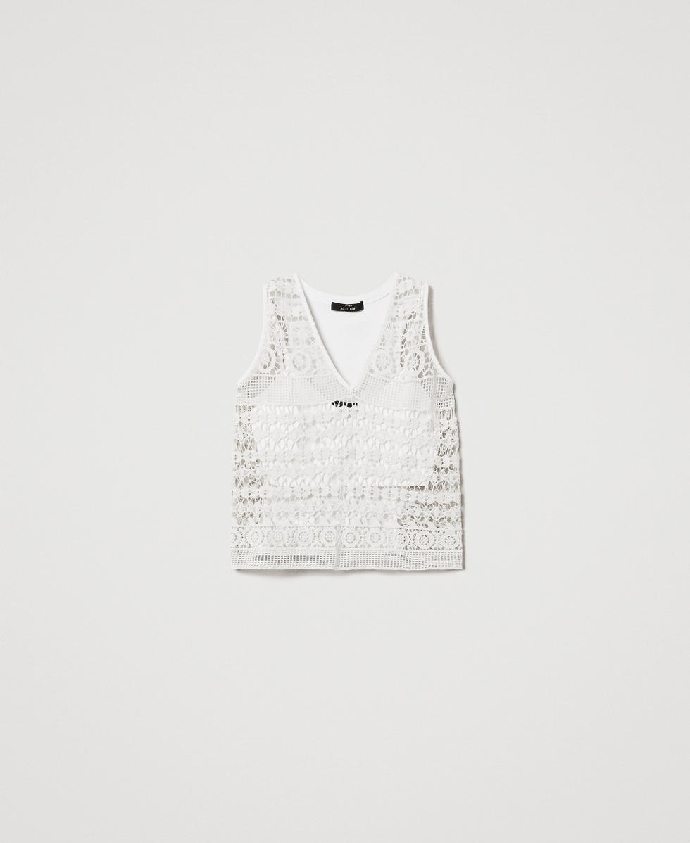 Macram&eacute; laceand jersey top Sugar White Woman 251AP2501_00632_S0