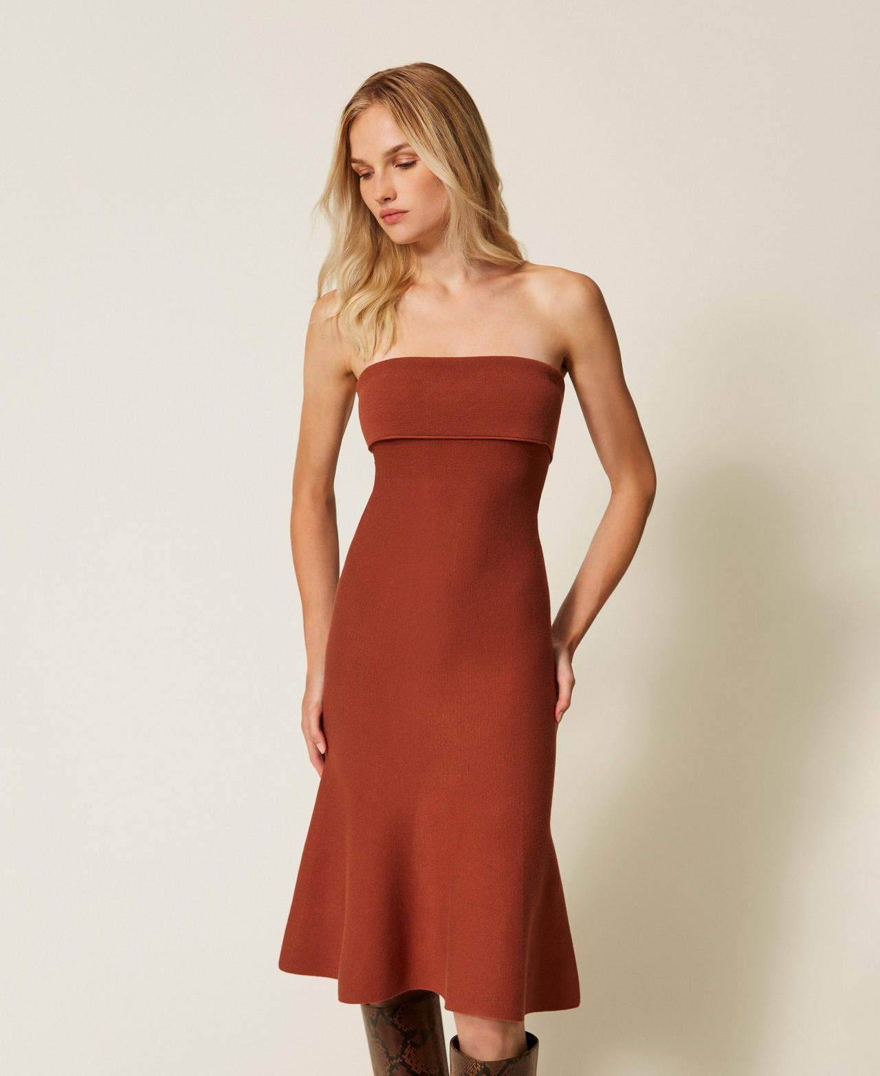 Midi knit dress with godet Dark Rust Brown Woman 252TP3410_12626_01