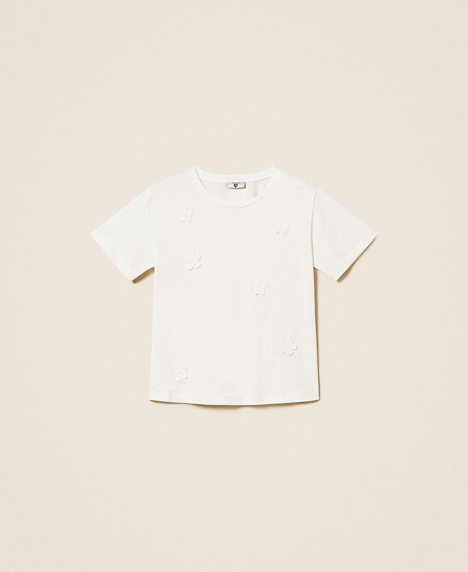 Figurbetontes T-Shirt mit H&auml;kelblumen Mattwei&szlig; Frau 261LB2AHH_00526_S0