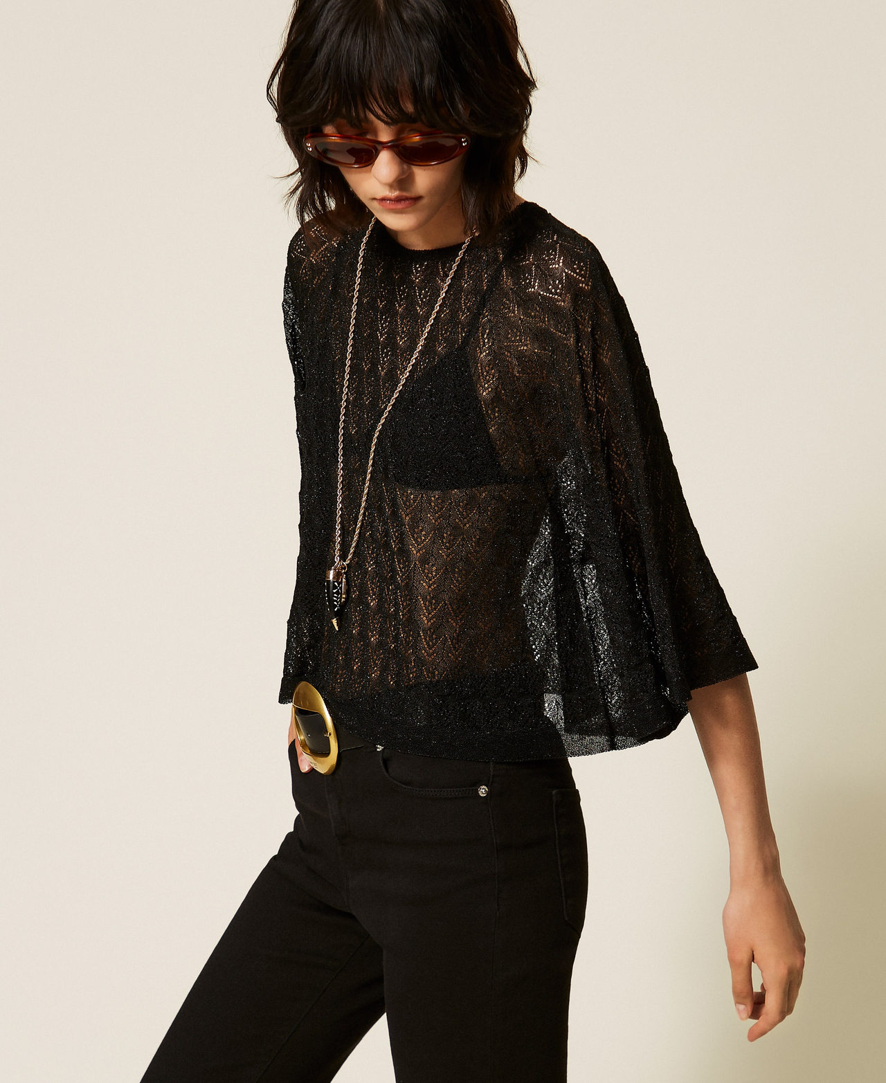 2-in-1-Cropped-Pullover Lurex Schwarz Frau 262TP3Q31_13597_02