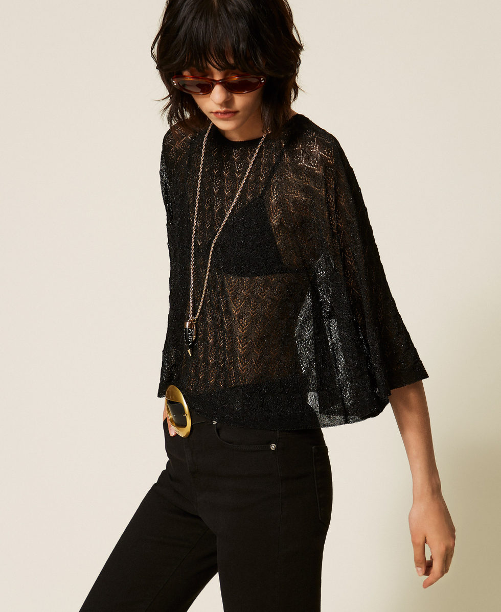 Pull cropped double usage Noir Lurex Femme 262TP3Q31_13597_02