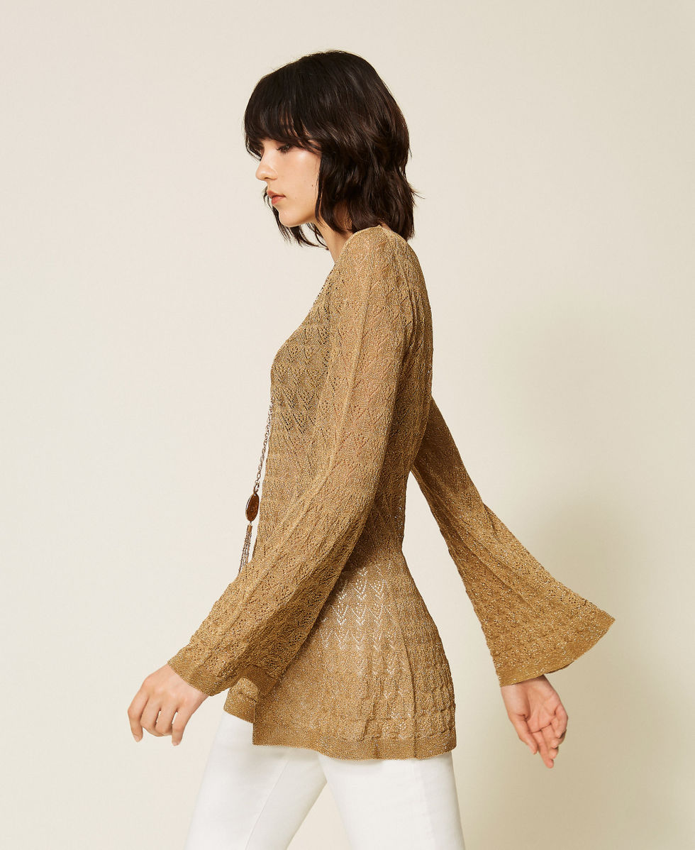 Tunikapullover mit ausgestellten &Auml;rmeln Golden Green Lurex Frau 262TP3Q32_12454_01