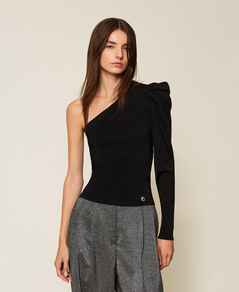 Einschultriger Pullover mit Raffung Schwarz Frau 252AT3011_00006_01