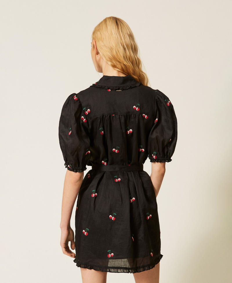 Short ramie dress with embroidery Black/Cherry Red Embroidery Woman 261TT2422_13578_03