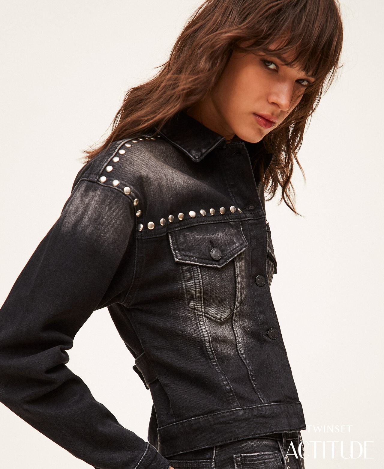Denim jacket with studs Woman, Black | TWINSET Milano