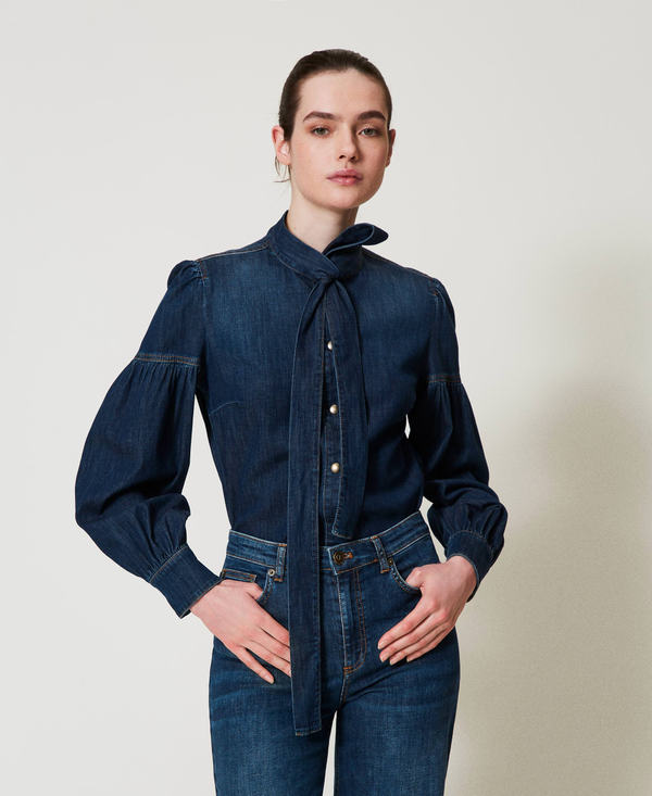 Denim shirt with pussy bow