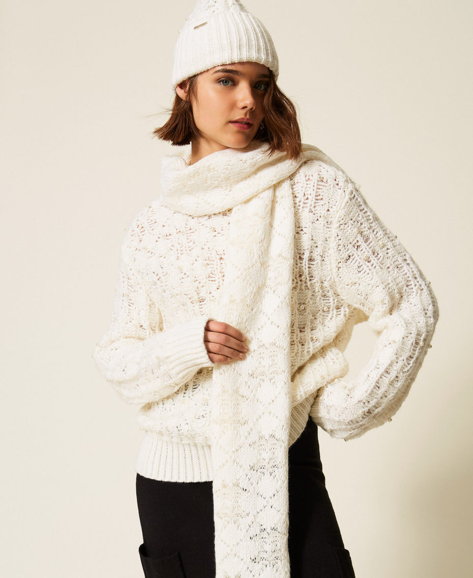 Knit scarf with pearls Mother Of Pearl Woman 262LI4BSS_00059_A0