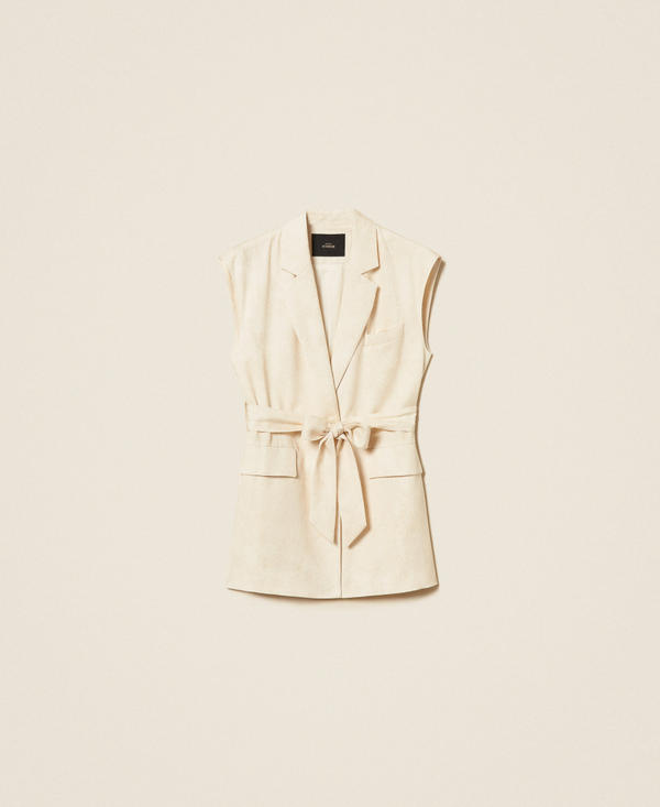 Sleeveless jacket with print and belt