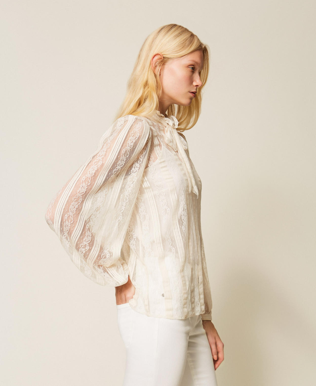Striped lace blouse with bow Mother Of Pearl Woman 261TP2541_00059_02