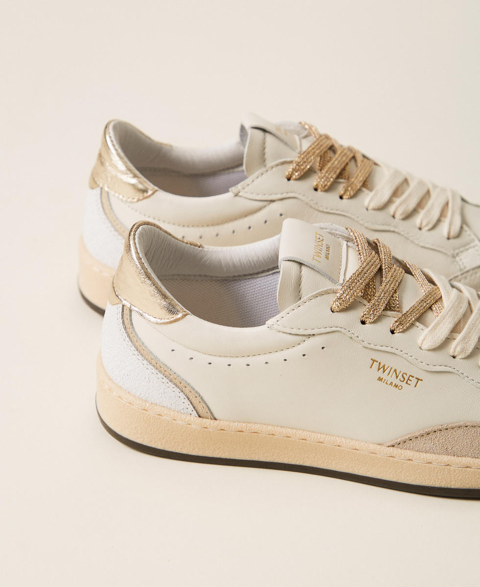 Baskets en cuir avec logo et empi&egrave;cement lam&eacute; Bicolore Blanc Cass&eacute;/Or Femme 262TCP098_10790_03