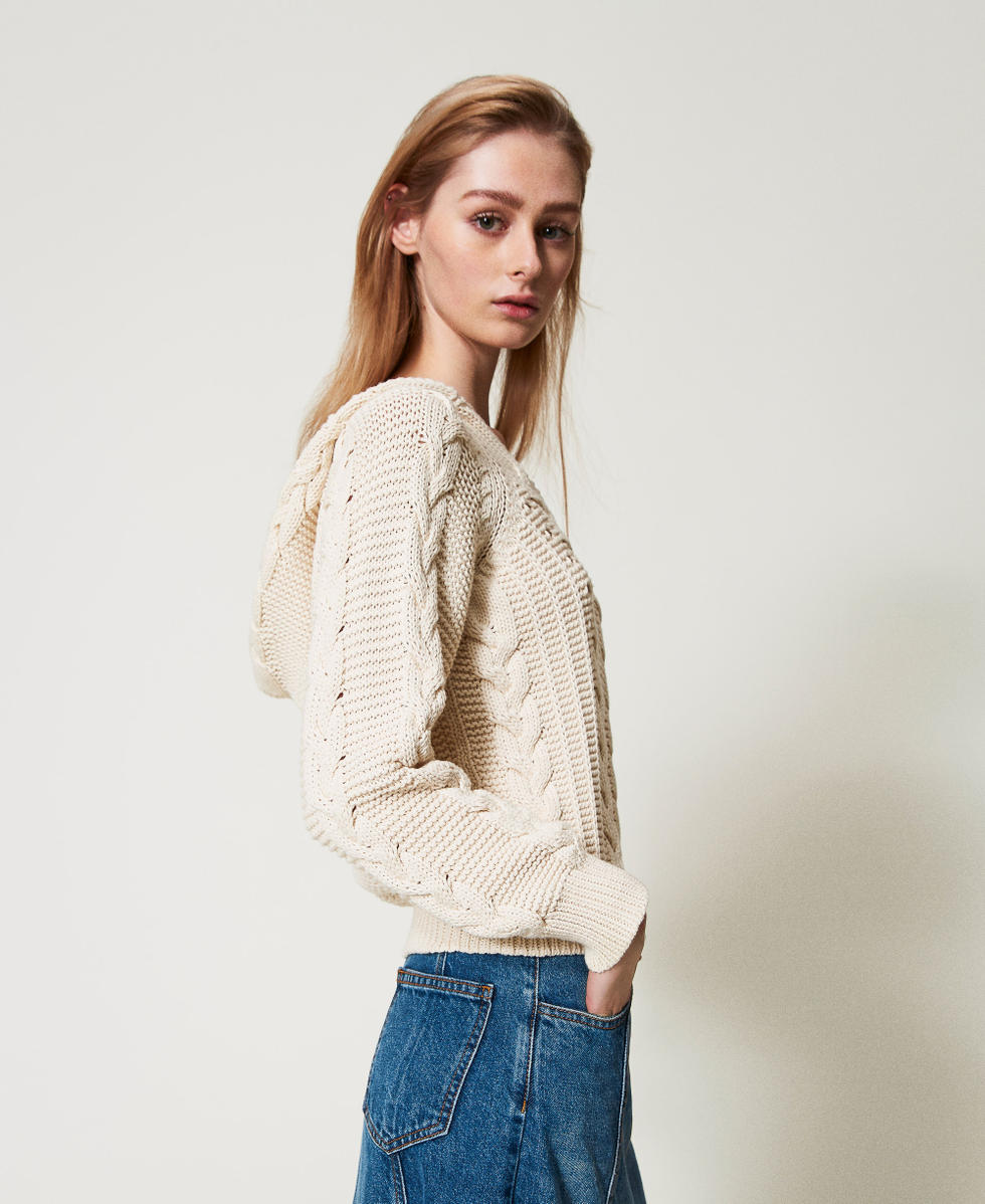 Cable knit hooded jumper Delicate Beige Woman 251TP3460_12140_01