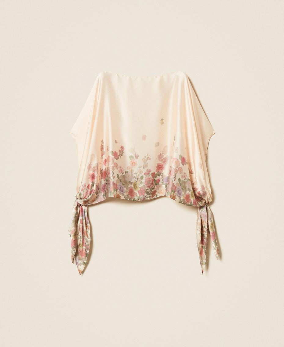 Printed poncho with side ties Wildflowers Pastel Colour Print Woman 261TO5110_13588_S0