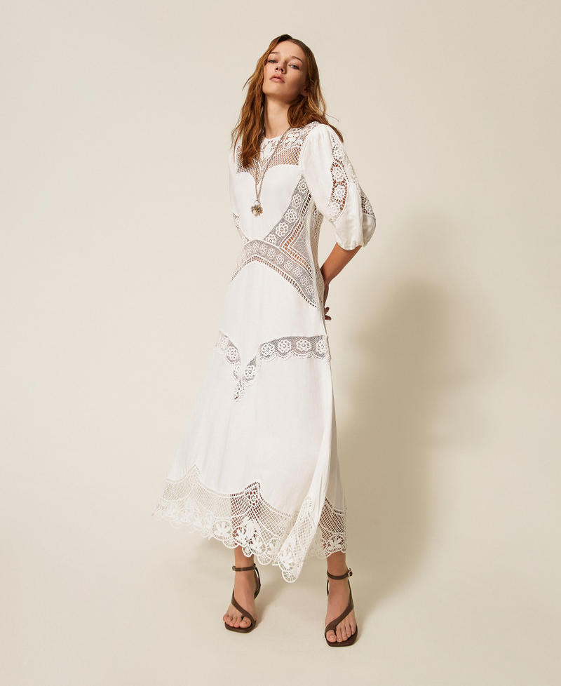 Long linen blend dress with embroidery White Woman 261TT2240_00001_01