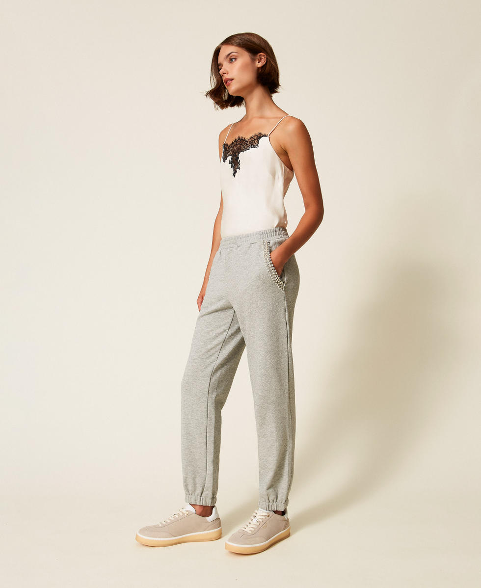 Hose aus Sweatstoff mit Strass und Perlen Grau Melange Frau 252LI2MDD_00082_02