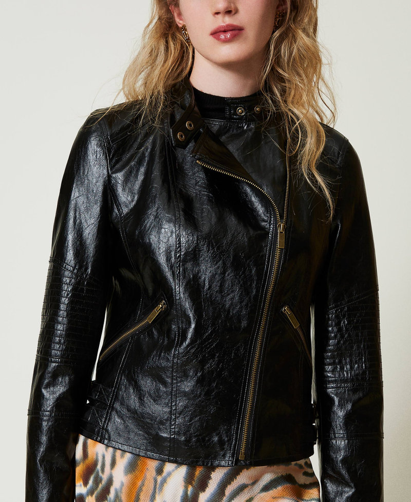 Leather-like biker jacket with zip Black Woman 242TP2070_00006_06