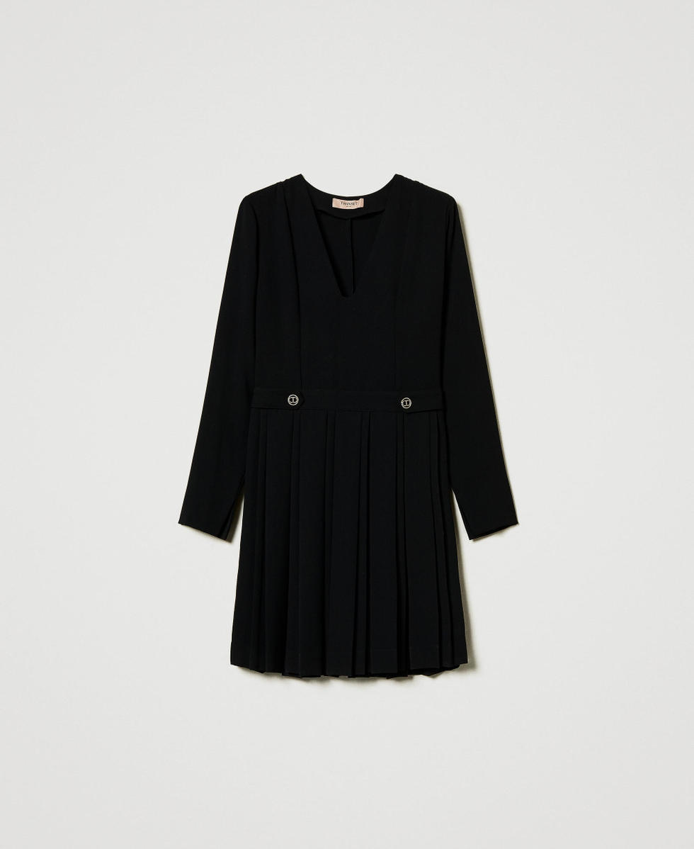 Robe courte en cr&ecirc;pe pliss&eacute; avec boutons Noir Femme 242TT2171_00006_S0