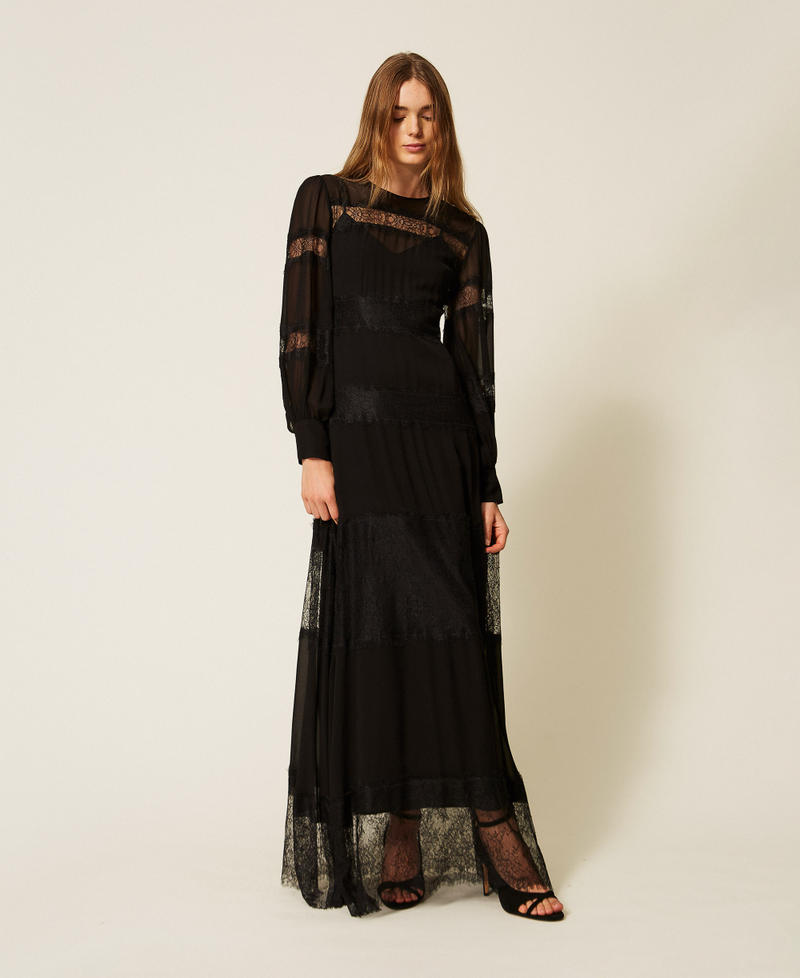 Maxikleid aus Georgette und Spitze Schwarz Frau 262TT2630_00006_01