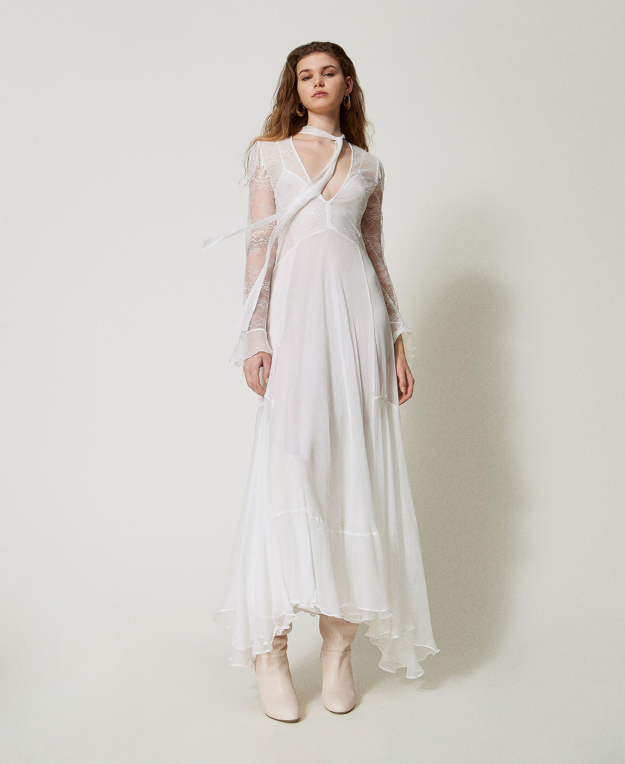 Abito lungo 'Giglio' in pizzo e seta Bianco Neve Donna 251TS2091_00282_01