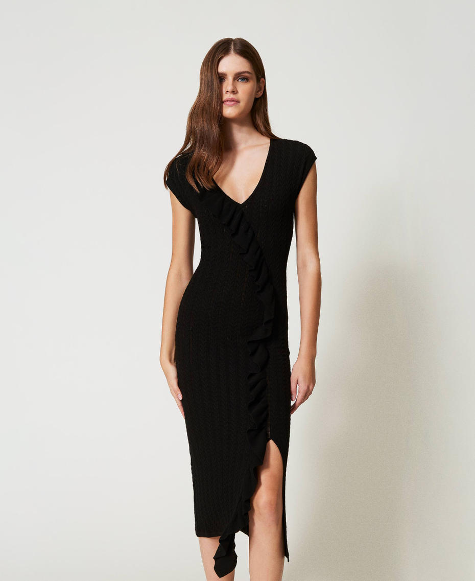 Midi-Strickkleid mit Volant Schwarz Frau 251LB3CAA_00006_01