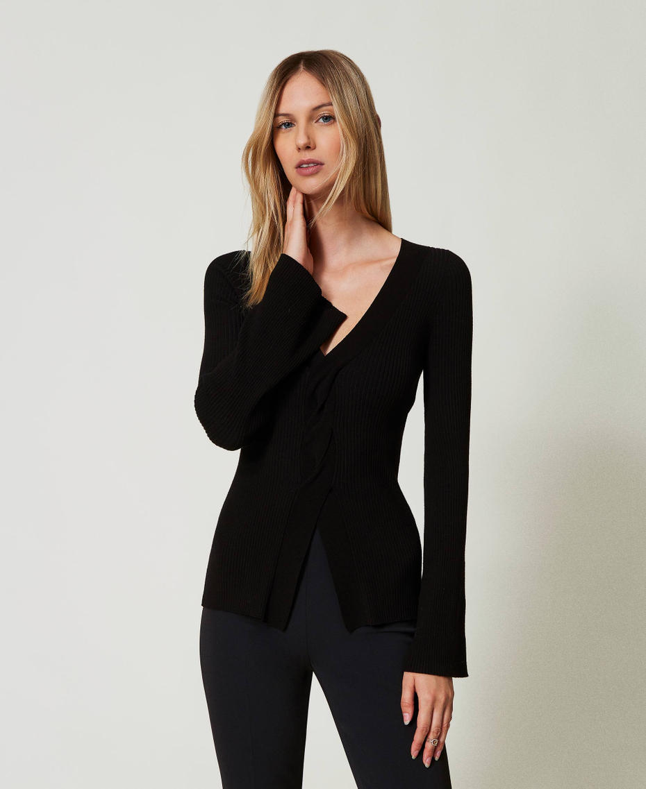 Ribbed knit fitted jumper with twist Black Woman 242TT3023_00006_01
