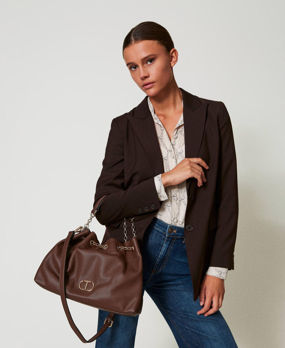 Shopper bag with Oval T and drawstring handles Coffee Chocolate Woman 242TD8232_11946_S0