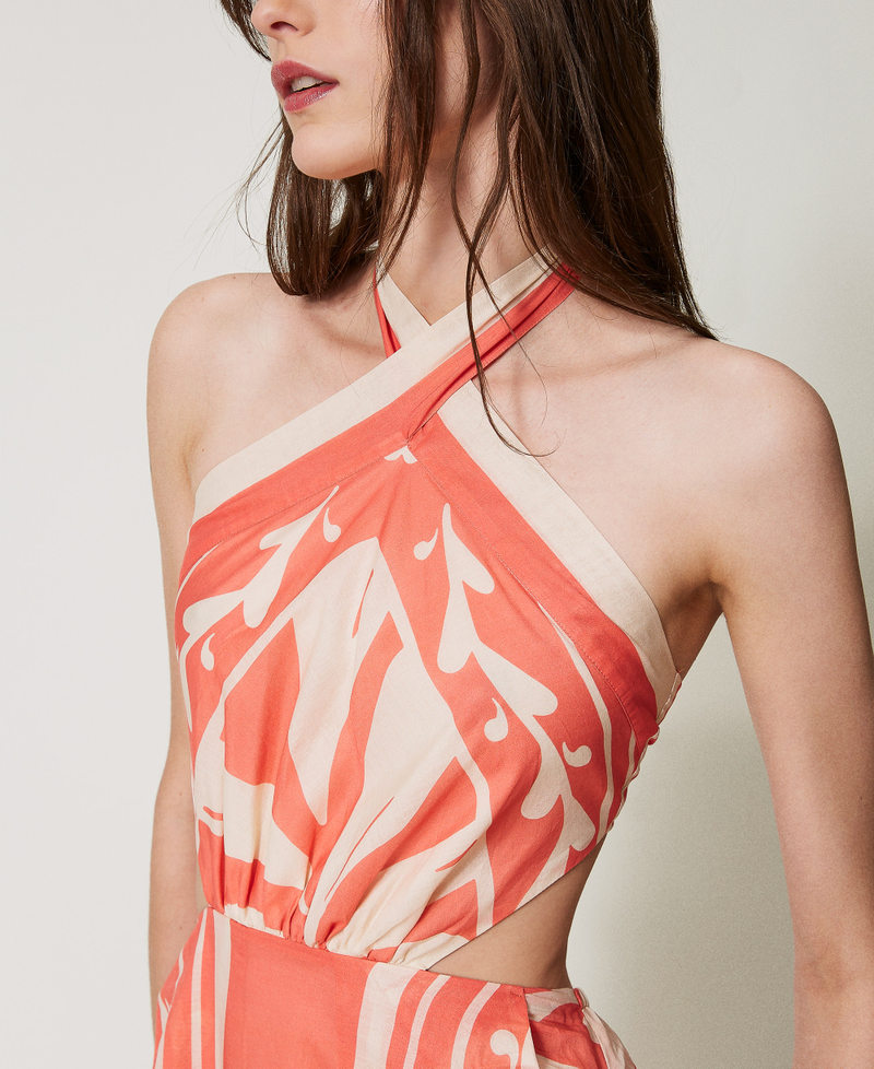 Long dress in printed muslin Coral Sun/Almond Beige Foulard Print Woman 251LM2BEE_12381_04