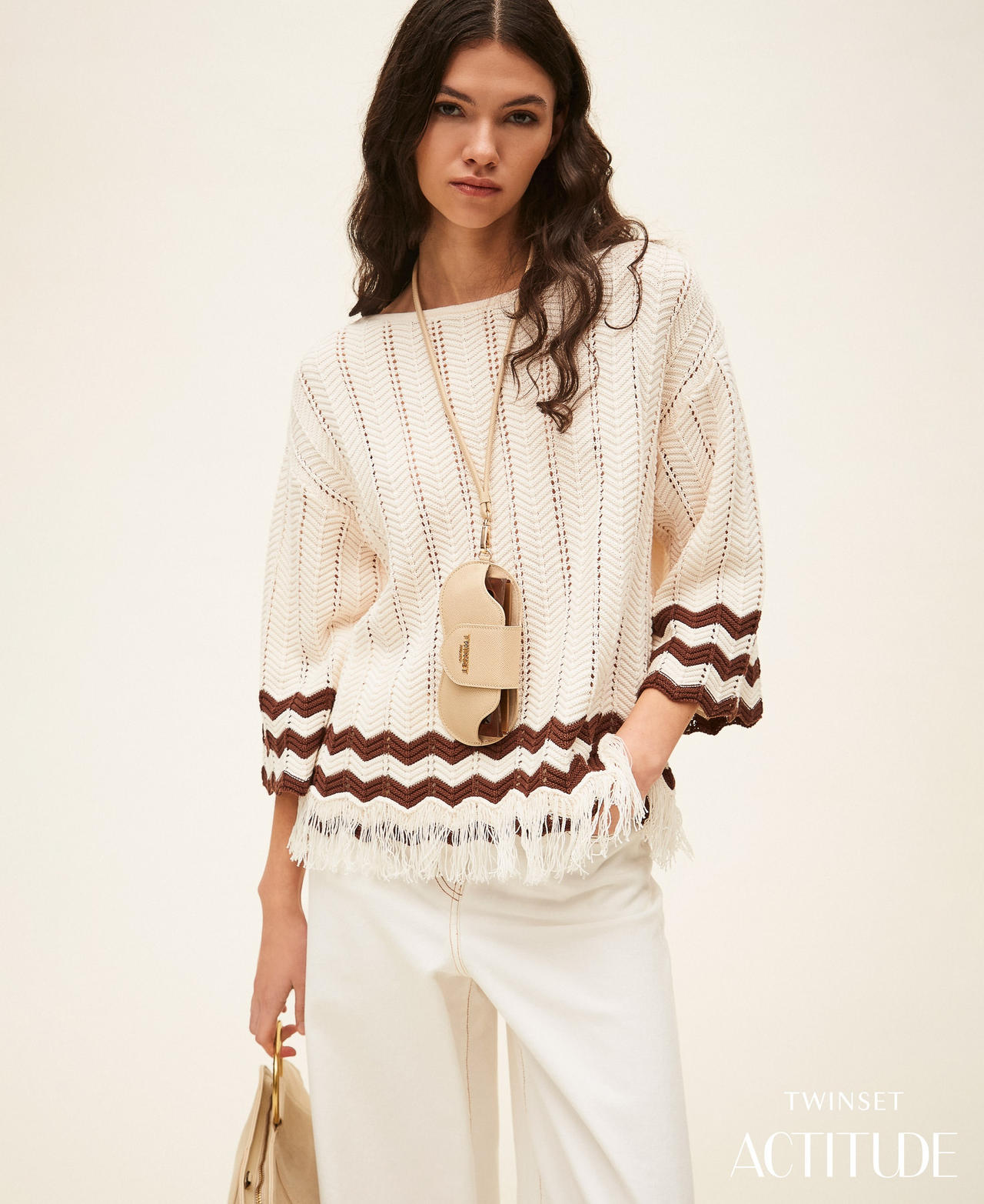 Jersey con zigzag y flecos Bicolor Milk / Chocolate Lab Mujer 261AP3061_13364_PA