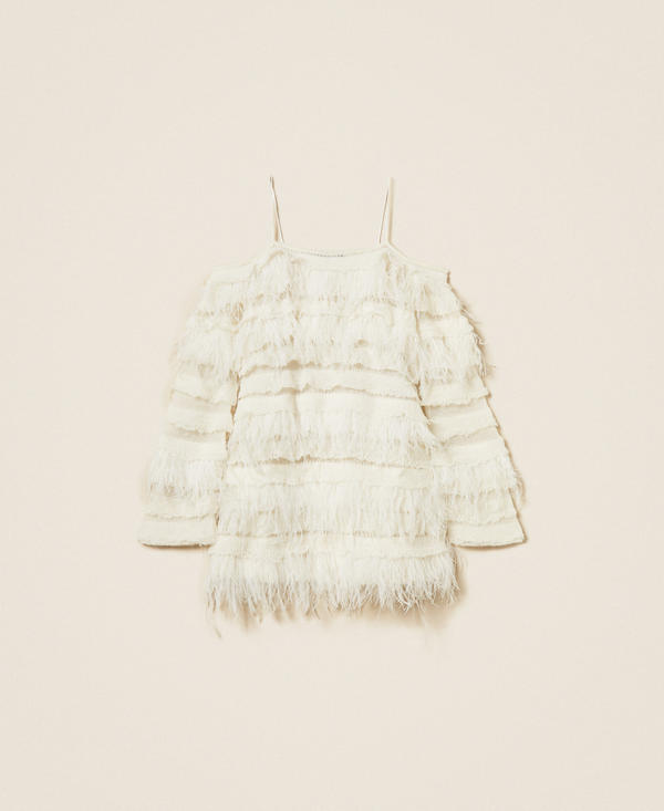 Short off shoulder knit dress with feathers