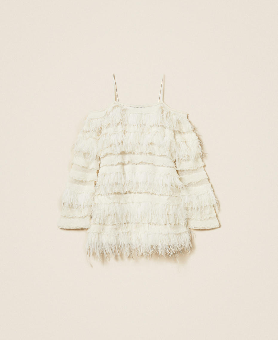 Short off shoulder knit dress with feathers White Snow Woman 252TS3243_00282_S0