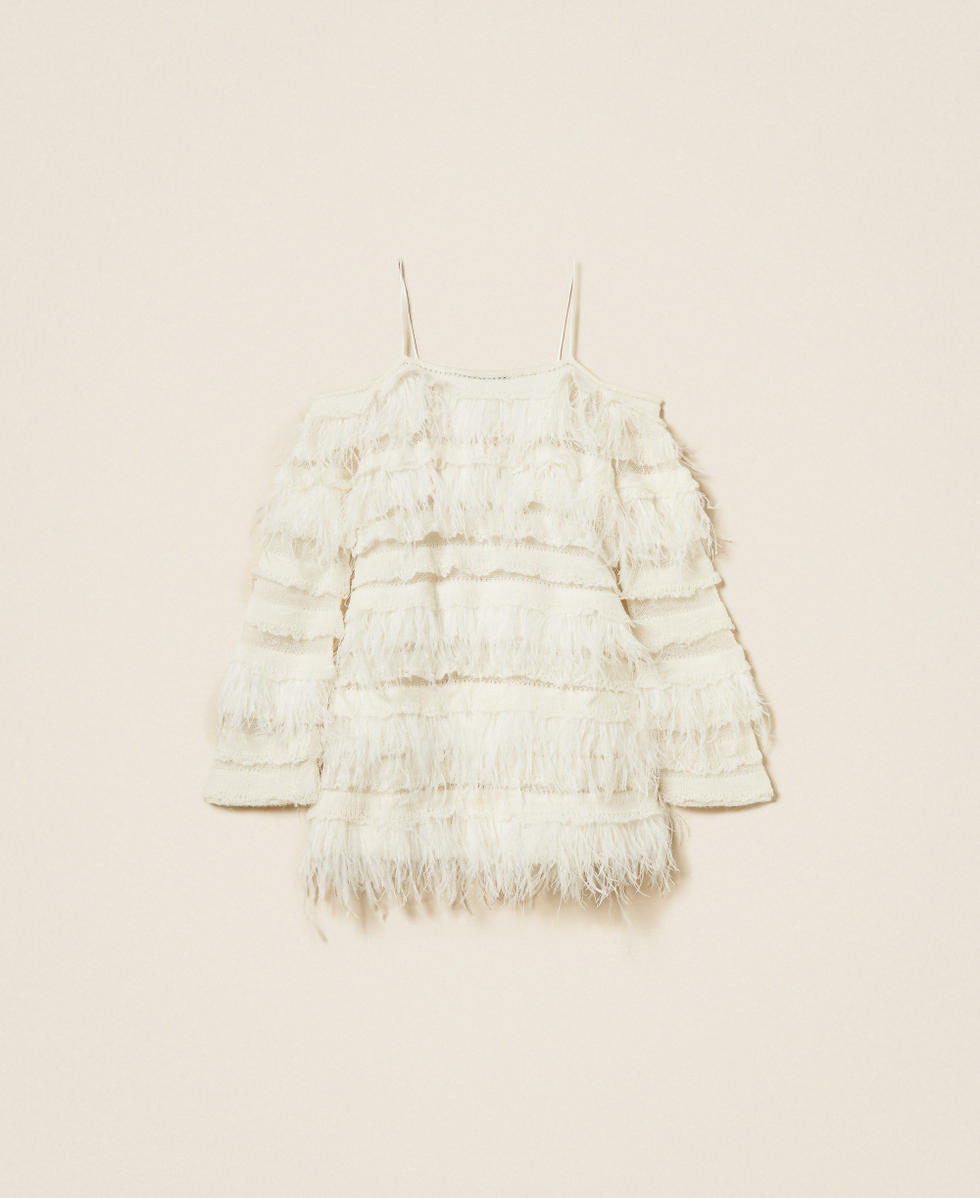 Short off shoulder knit dress with feathers White Snow Woman 252TS3243_00282_S0