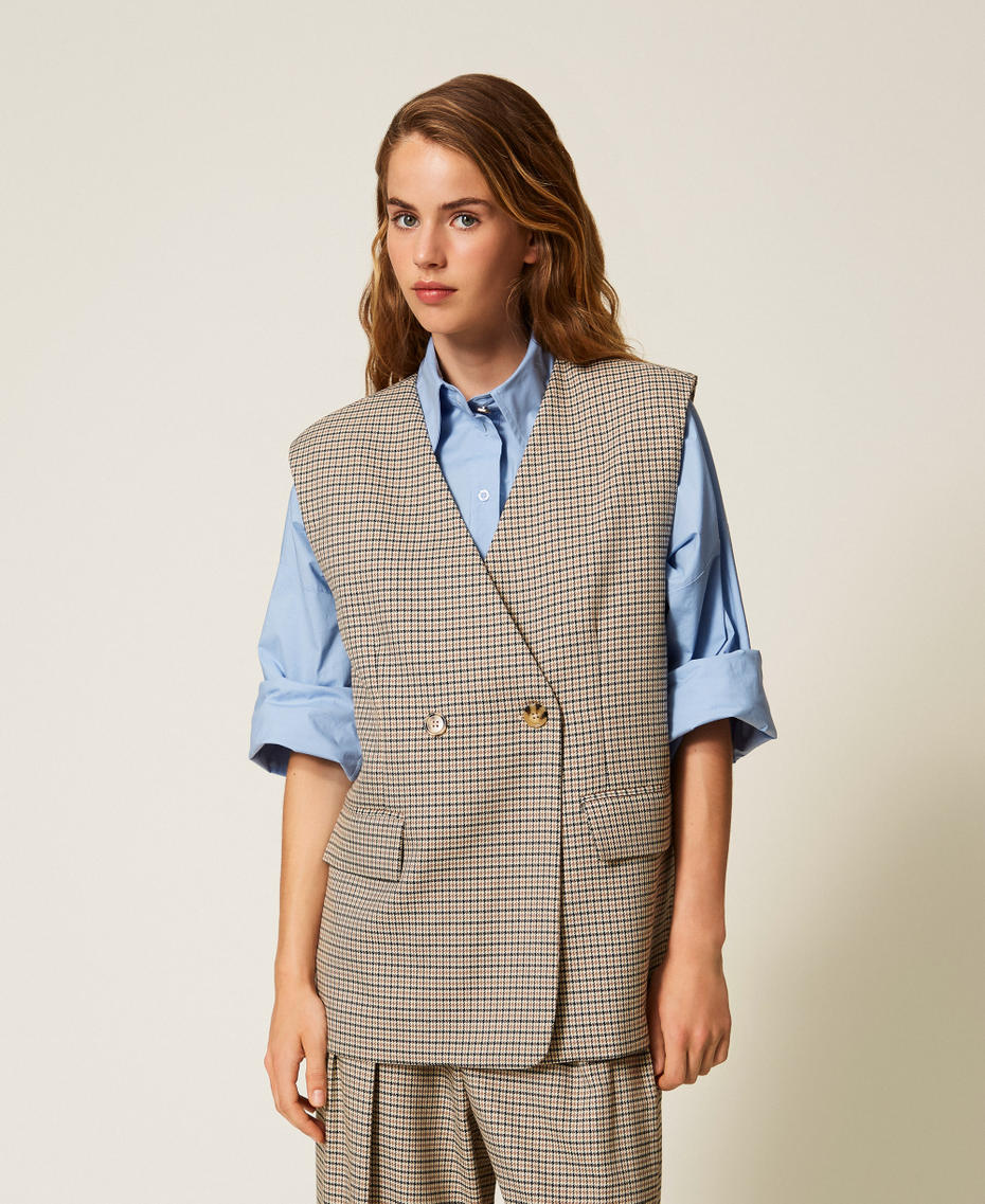 Double-breasted houndstooth sleeveless jacket Natural Houndstooth Woman 252AP2241_12667_03